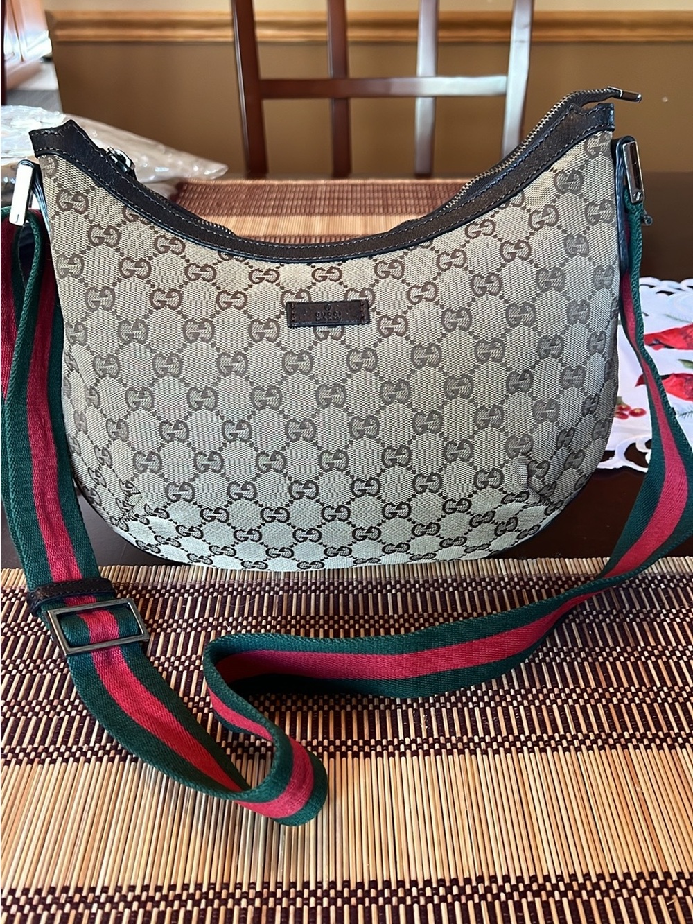 Gucci Beige Brown Monogram Crossbody with Green & Red Web Strap - Picture 4 of 16